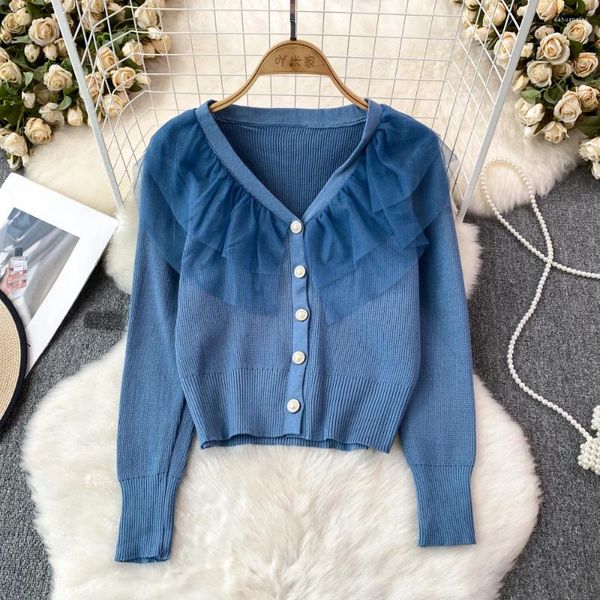 Malhas femininas tulles coreanos splice babados cardigans casacats for women moda moda pesco colas de trespassado casual feminino knitshirts