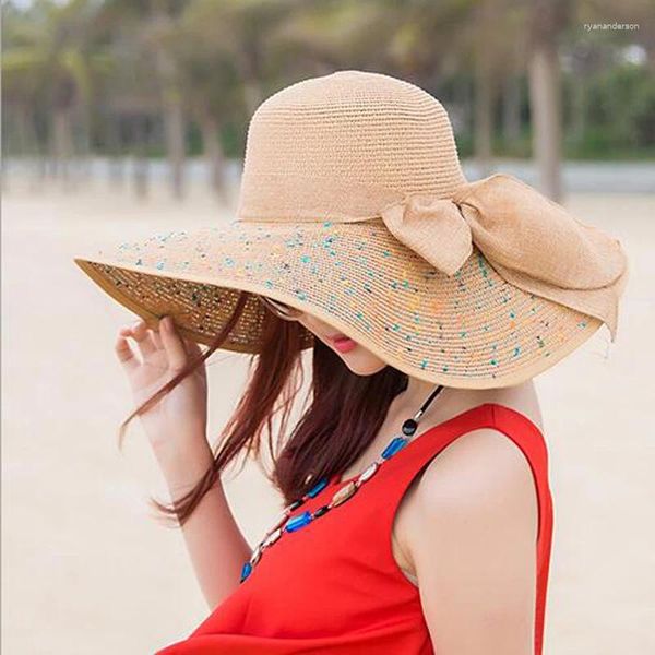 Cappelli larghi Brim Elegant Ladies Summer Caps Straw for Fashion Bow Women Beach Sun Hat Cap pieghevole Chapeau Femme