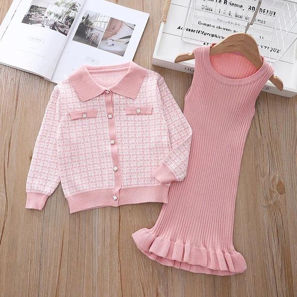 Set di abbigliamento 2024 Brand Kids Girl Girl Clothes Set Cardigan e Dress Fashion 2 Pcs maglione a maglia per bambino