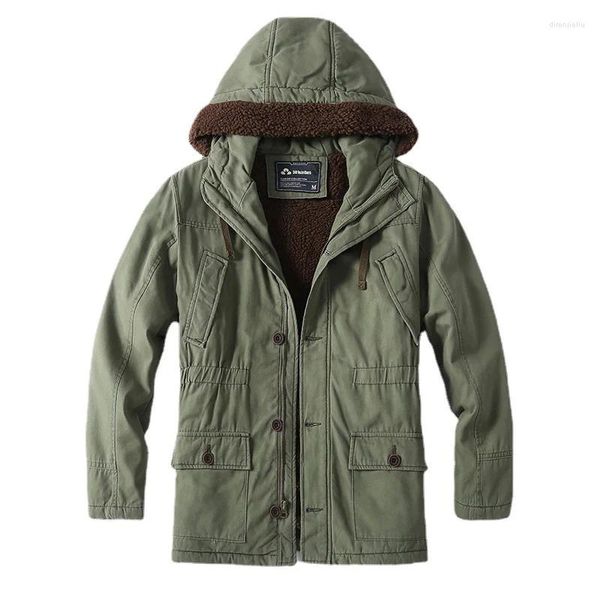 Jackets de caça macios masculinos esperem parka parka encapuzado à prova de vento que quente sobretola vários bolsos de casaco de estilo militar médio comprido para masculino