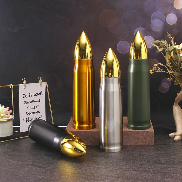 Bottiglia di proiettile in acciaio inossidabile esterno Colore in oro di rame 350 ml 500 ml Mantieni la bottiglia d'acqua per fucili da caccia THERMOS da campeggio a doppio isolato