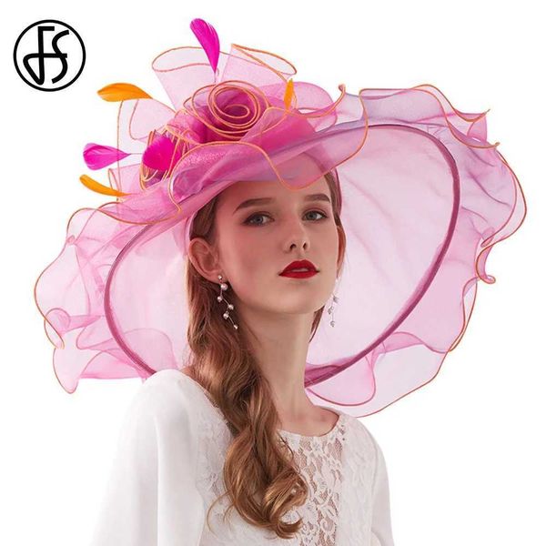 Geniş Memlu Şapkalar Kova Şapkaları FS Organza Kentucky Derby Şapkaları Kadınlar İçin Geniş Buz Plajı Çiçek Tüy Düğün Elegant Kilise Partisi Fedora Kadın Y240426