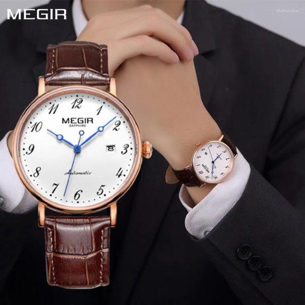 Relógios de pulso megir luxo de luxo relógio mecânico automático para homens lisão grande sapphire strap strap machy watch esportes de data de date date date relógio