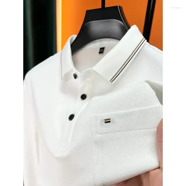 Polos masculinos de alta qualidade Luxo de luxo de outono marca camisa de mangas longas de manga longa casual estilo coreano bordado bolso top