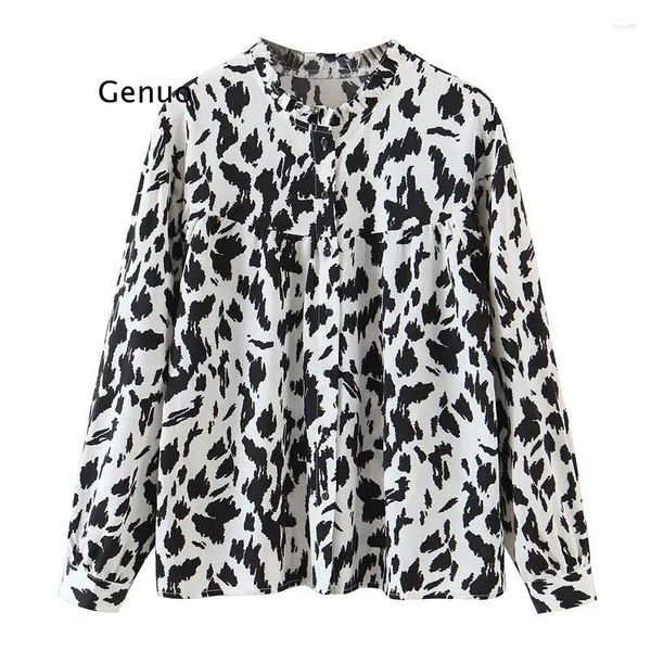 Bloups feminina feminina impressão de vaca estampa de leopardo com mangas compridas camisa reta colar de gola virada de t-shirt feminina de camiseta de rua BLUSAS Girls