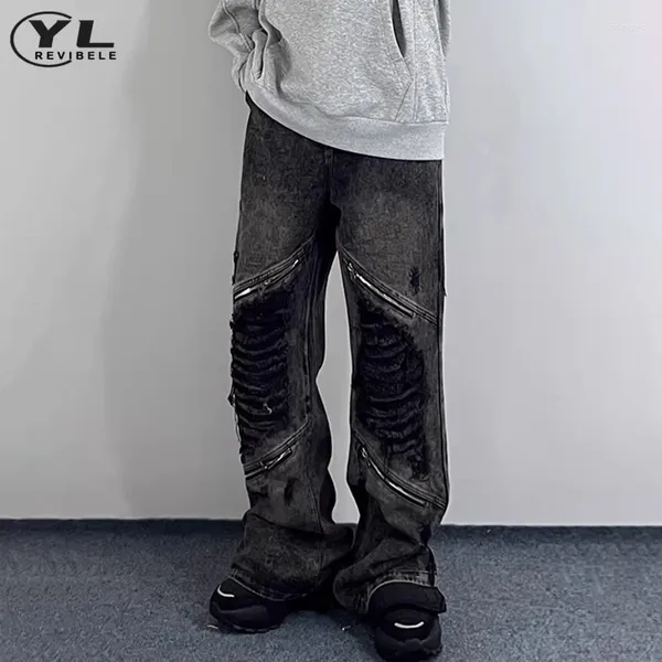 Jeans masculino zíper de rua masculino homem homem gótico buraco harajuku perna larga calça jeans de hip hop primavera outono punk calça reta