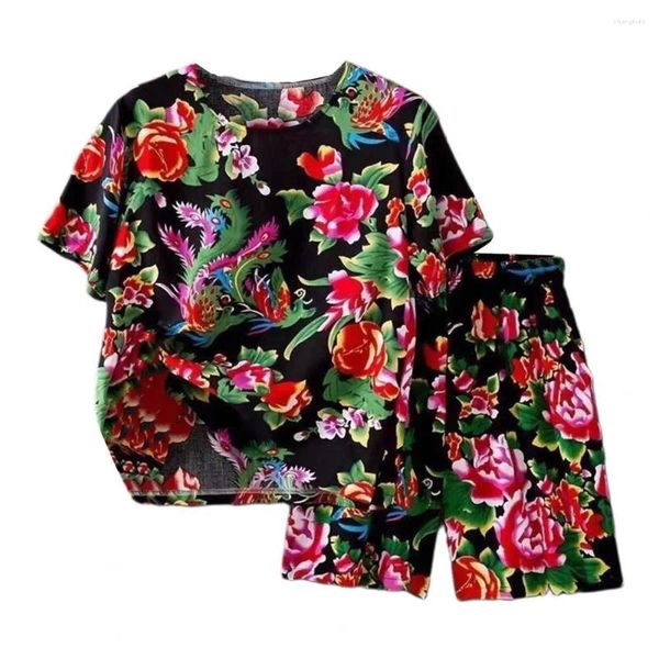 PAJAMA RETRO RETRO RETRO PAJAMA DE PAJAMA DE PAJAMA DE NORTE OUTRIDASTERNOTERN FLORAL ROUTO DE ESTILO ÉTNICO COM TOPS DE MANDAS CURTAS DE GETO DE