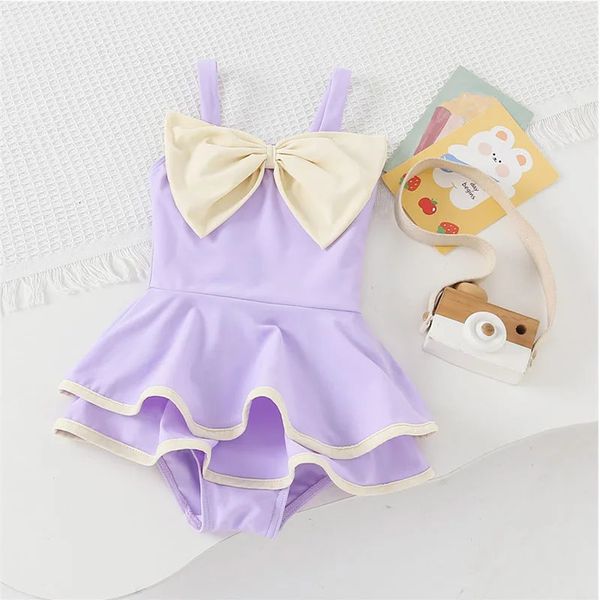 2024 Mädchen Badeanzug Baby niedliche Mode Schlinge einteilige Badebekleidung Sommer Kinder Fliege Krawatte Ärmel und Bikini Kleid 2-8y 240422