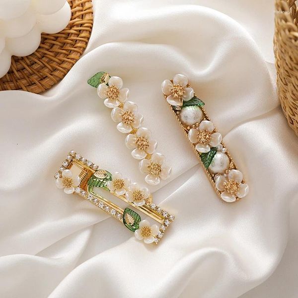 Haarklammern Mode Crystal Shell Perlen Blumegrüne Blätter Haarnadeln süße goldene Farbe Entenbill Clip Hochzeit Schmuckzubehör Yha052