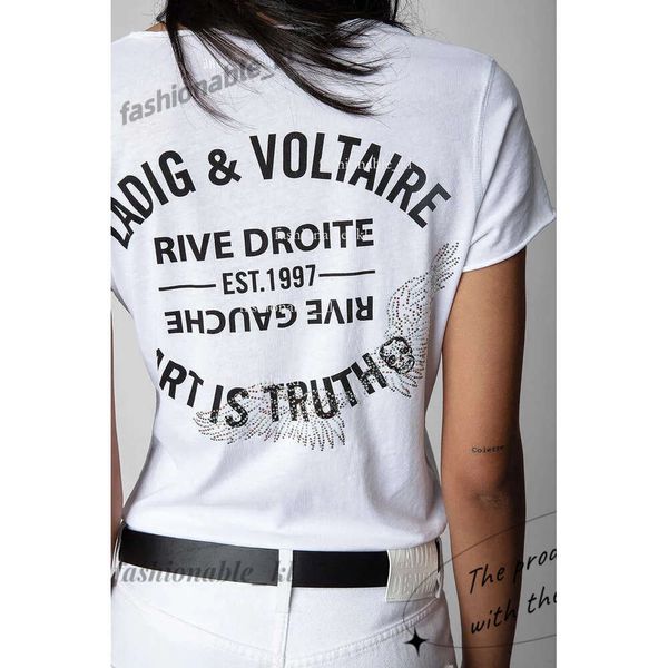 Zadig Voltaire Women Designer Shirt Summer Cotton New Little Little Popular Classic Alphabet Print heiß gebohrte U-Neck Kurzarm Tees 389