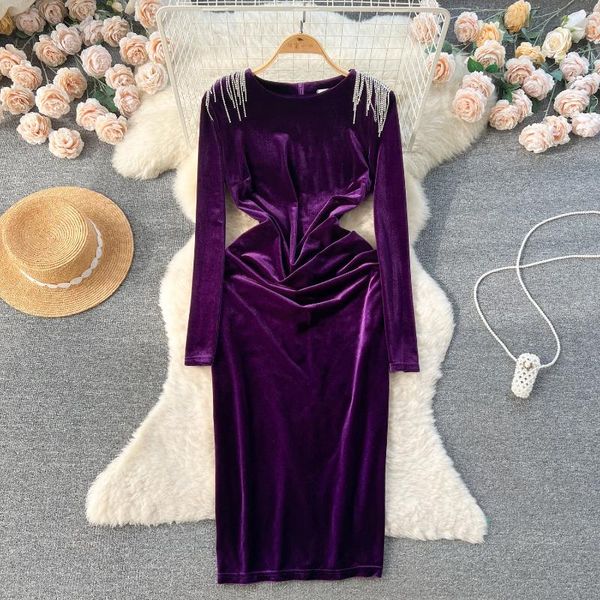 Sıradan elbiseler şık katı püsküller rhinestone bodycon elbise uzun kollu kadınlar seksi moda sarma vestto yaz ince kalem