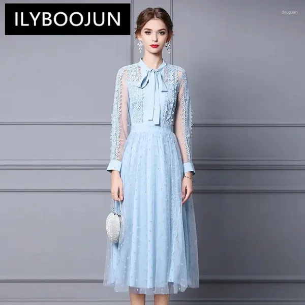 Abiti casual Ilyboojun Fashion Runway Designer Women's Round Neck Wok Woke Tree Long Tulle Vintage Slim-Fit Abito in pizzo chiuso