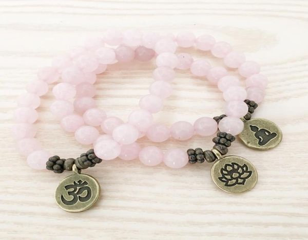 SN1107 Echtes Rosenquarz -Armband Antike Messing Om Buddha Lotus Charmalm Armband Geschenk für HER6545044