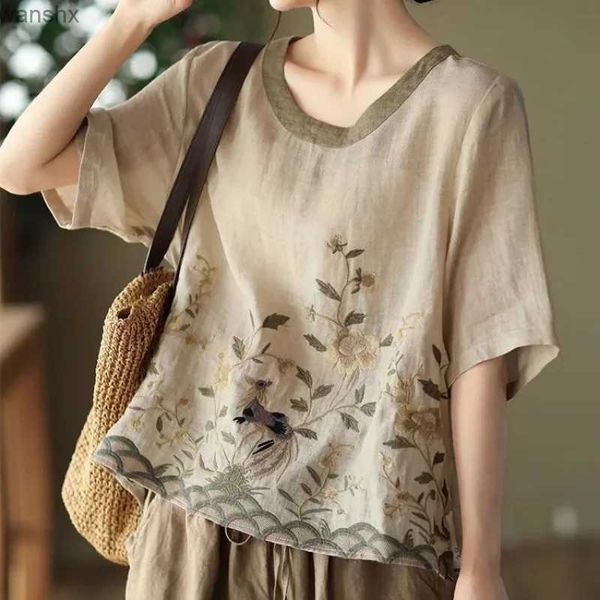 Damenblusen Hemden Baumwolle Wäsche Hemd Blumendruck Damen Damen Top Frühling/Sommer 2023 Literarische Retro Stickerei Top Casual Vergleich Runde Hals Topl2405