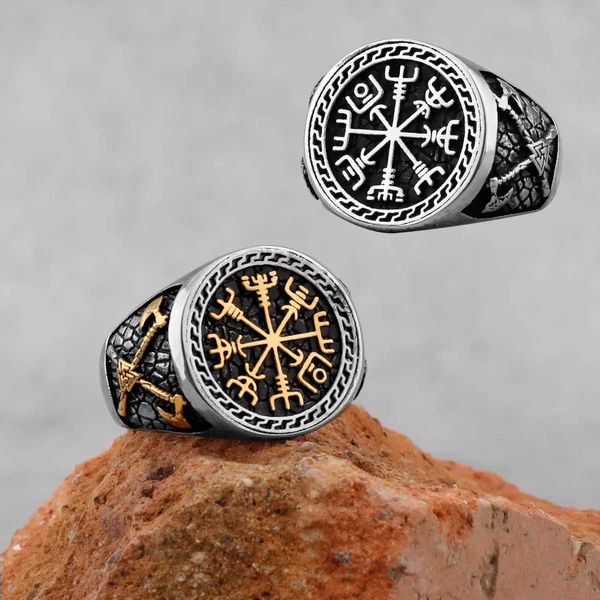 Полосы колец винтаж Vikstainless Steel Compass Rmens Vikvalknut Axe Rpunk Odin Rune Gold Rjewelry Подарок оптом J240429