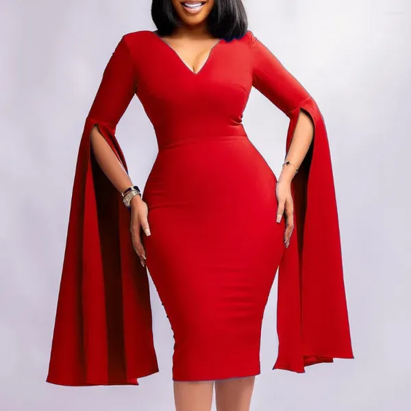 Vestidos casuais vestido vermelho manta manga alta cintura corporcão sólido sólido bezerro elegante para o jantar de festas noturno manto de casamento vestidos 2024