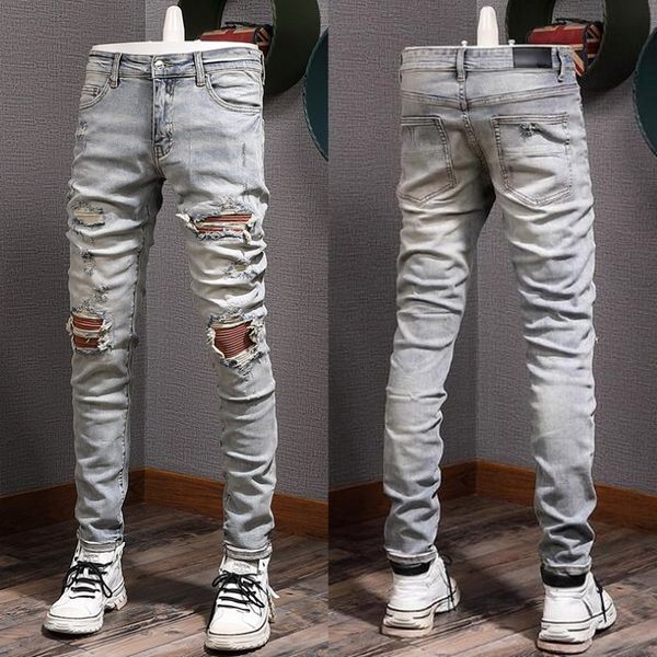 Patch Stretch Jeans Mann Baumwoll Cowboyhose RIP Effect Slim Fit Beinschaden Denim 207o