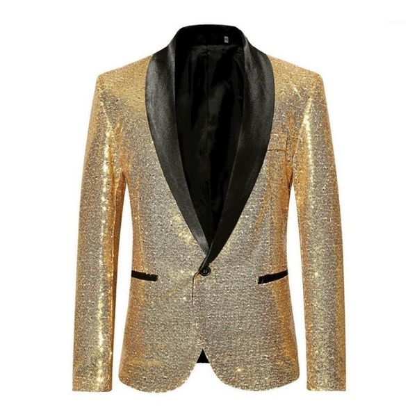 Ternos masculinos Blazers brilhantes lantejoulas de ouro Bling glitter Blazer Men 2021 Shawl Collar Club DJ Mens Jacket Stage Stage