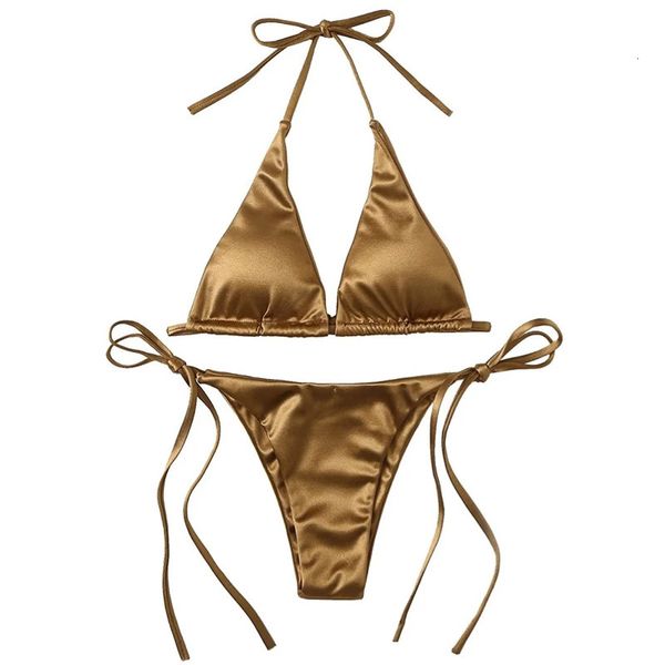 Sexy Damen Metallic Neckholder Top zwei Stück Badeanzug Binde Side Triangle Bikini Sommer Solid Badeanzug Strandkleidung Set 240426