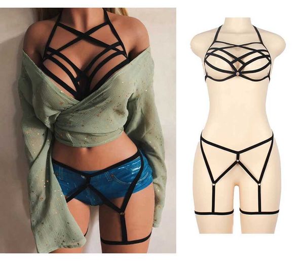 Aksesuarlı Siyah Moda ve Elastik Bant Seti Seti Punk Giyim Kadınları Lingerie Bağlama Üst Q240429