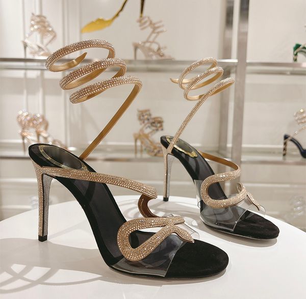 Verão Sexy Margot Water Diamond Sandals Snake embrulhou elegantes saltos altos sapatos de luxo de prata de prata