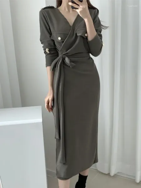 Lässige Kleider Herbst Mode koreanische Frauen elegantes Midi -Dressbüro Schlanker Vintage Schnürparty Vestidos Femme Geburtstagskleider Robe