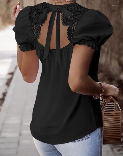 Женские футболки Fashion Fashion Women Blouse 2024 Summer Puff -рукав ресниц кружев