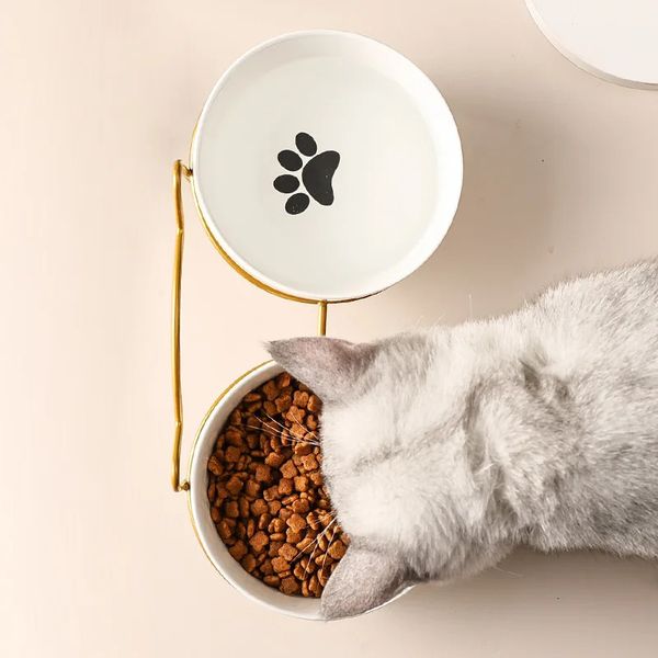 Ulmpp Cat Doppelschüssel mit Ständer und Matte Haustier Kätzchen Puppy Ceramic Futter Fütterungsschale Metall erhöhte Wasserfuttermittelhund 2 240429