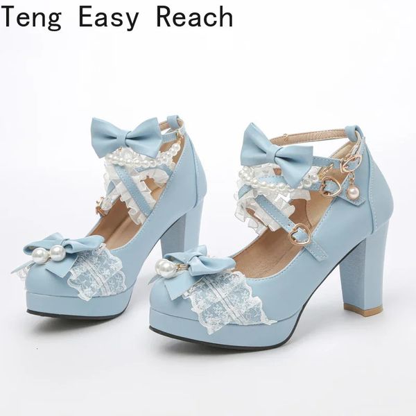 Cruz Strap Women Saltos altos Mary Jane Pumps Party Wedding Cosplay Cosplay Branco Rosa Morango Preto Princess Cosplay Sapatos Lolita 240418