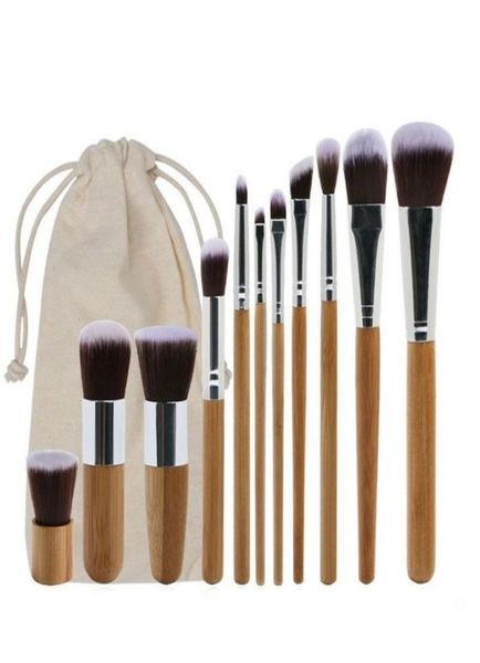 11pcs Bambu Makyaj Fırçaları ile Ayar Kumaş Torba Yüzü Temel Fırçası Tozu Allık Allık Göz Fararı Setleri9268481