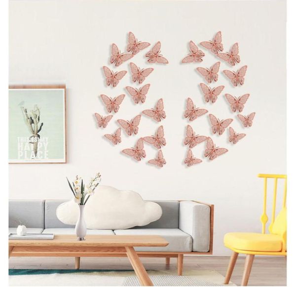 12pcsset rosa oro rosa 3d throwfly murale adesivo per decorazioni per la casa adesivi per farfalle decorazione per la festa decori di nozze wll92174905