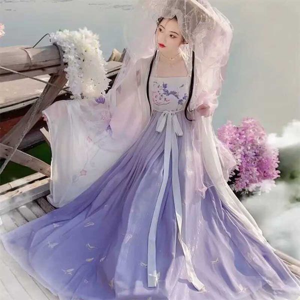 Roupas étnicas vestido hanfu mulheres chinesas tradicionais trajes de cosplay bordado antigo gradiente de bordado roxo hanfu vestido de verão vestido princesa