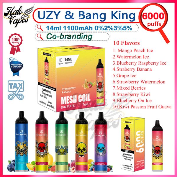 UZY Bang King 6000 Puff Disponível Vape Pen 14ml PRODS pré-preenchido 1100mAh Bateria recarregável nova embalagem 10 sabores 0% 2% 3% 5% Pushs 6K Cigarro eletrônico eletrônico