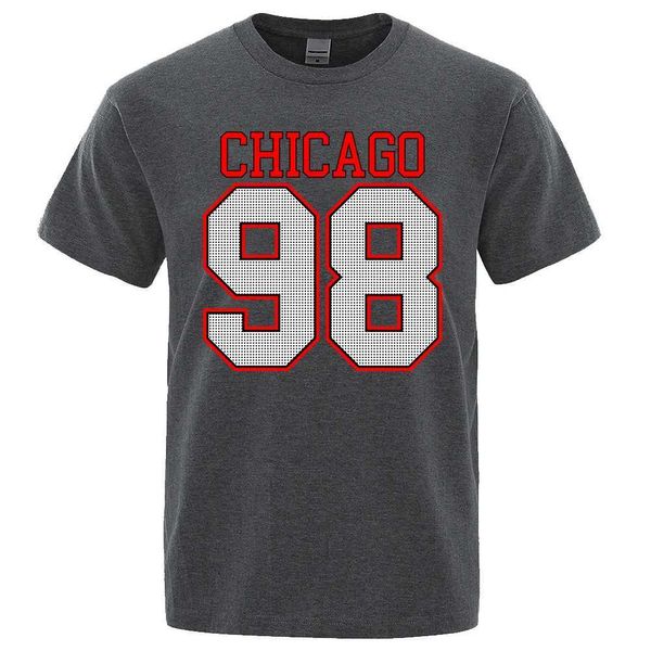 Camisetas masculinas Chicago 98 Strt City Letter Designer Tops Men Vintage T-shirt Algodão Summer Algodão T-shirts Man Crewneck T-shirts Y240429