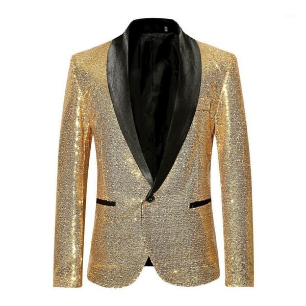 Ternos masculinos Blazers brilhantes lantejoulas de ouro Bling glitter Blazer Men 2021 Shawl Collar Club DJ Mens Jacket Stage