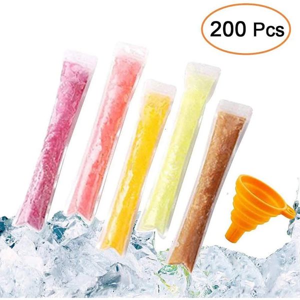 200pcs Buz Popsicle Kalıp Torbaları Tek Kullanımlık Şeker Tüpü Ziplock BPA Bedava Dondurucu Yoğurt Çubukları Meyve Suyu Pop Popa Bir Huni ile Pops 240429