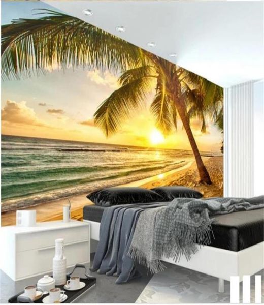 Benutzerdefinierte Größe 3d Po Wallpaper Wohnzimmer Wanduntergang Strand Kokosnussbaum Szenerie PO Sofa TV Hintergrund Tapete Nonverne Wa5529136