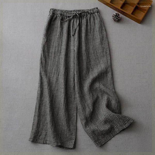 Calça feminina linho de algodão xadrez solto vintage de estilo coreano harajuku calças femininas roupas lisadas de perna larga larga folgadas