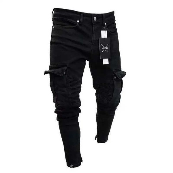Calças masculinas Ultra Fin Bicycle mass rasgaram calças de jeans longas de jeans, calças de corrida de jeans Destruir elástico preto Q240429
