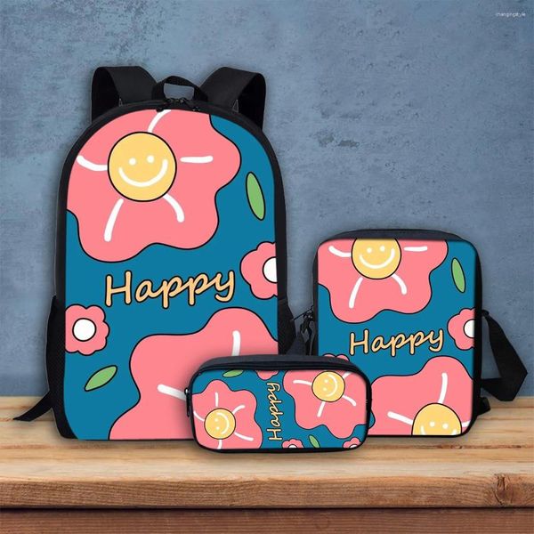 Backpack Flower Cartoon Impresso Crossbody Bag Casual portátil caixa portátil para estudante Kawaii Style Children Durável adolescente 3pcs/set