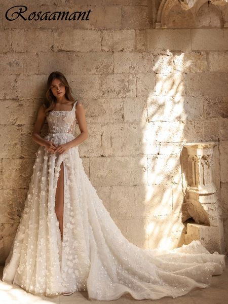 Ibiti da sposa a sequestratura con paillette scissioni Glitter Ibiti da sposa illusione collare quadrati 3d fiori da sposa abiti da sposa Robe de mariee