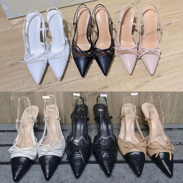 Zwei-Ton-Kappenzehen Slingback Bow Pumps Sandale Frauen Sommer Stiletto Kätzchen Heels Schuhe Goldkette Perlen besetzt c