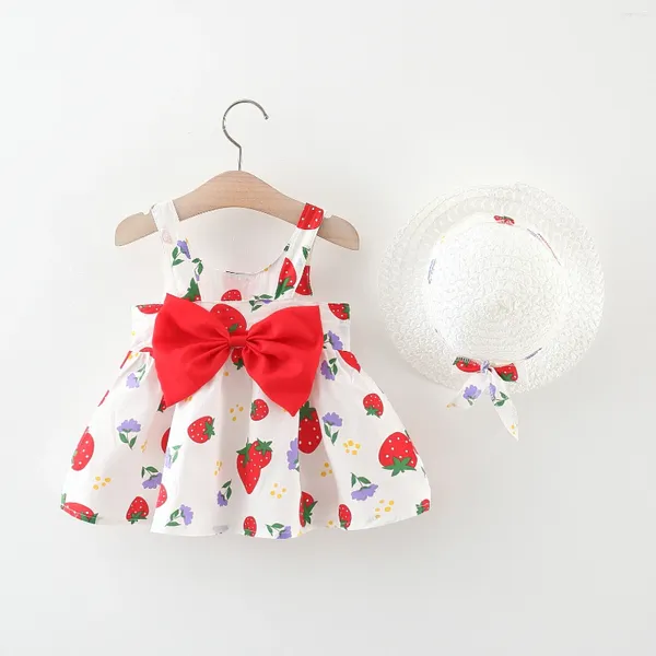 Mädchenkleider 2pcs Sommer Baby Girl's Kleid kleiner runde Punkt Erdbeerdruck Brustbogen täglich lässig mit Hut