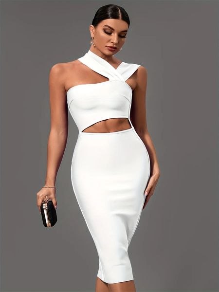 White Bandage Kleid Frauen Midi Party Bodycon Elegant Halfter Hals sexy geschnittenen Geburtstag Abend Club Outfits Sommer 240424