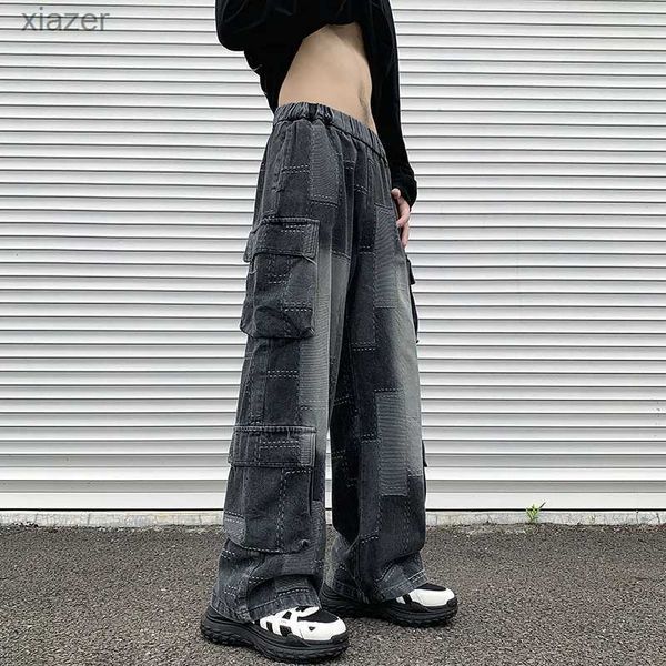 Jeans maschili per jeans vintage patchwork jeans cargo uomini donne baggy denim pantaloni streetwear hip hop multipocchi