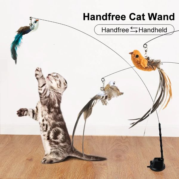 Handfree BirdFeather Katze Zauberstab mit Bell Mächtiges Saugnapf -Becher Interaktives Spielzeug für Katzen Kätzchen Jagdübung Haustierprodukte Y240429