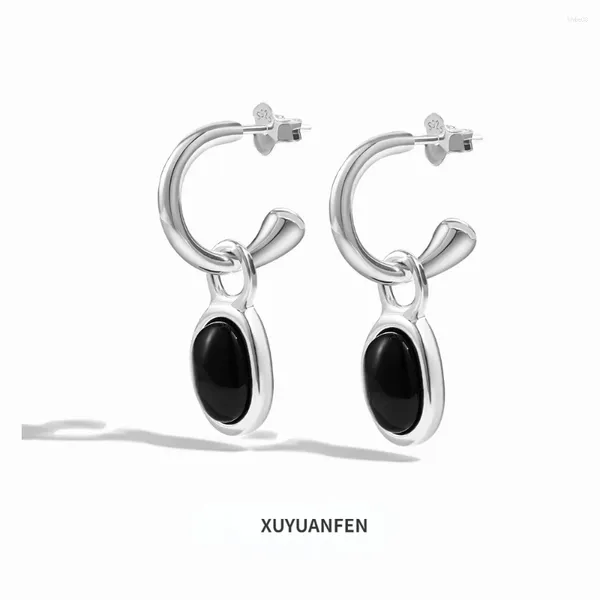 Brincos do garanhão Xuyuanfen japonês e coreano Luxo S925 Pure Silver Ear Ear Black Inclado Incluste Noble Design Pingente Elegante