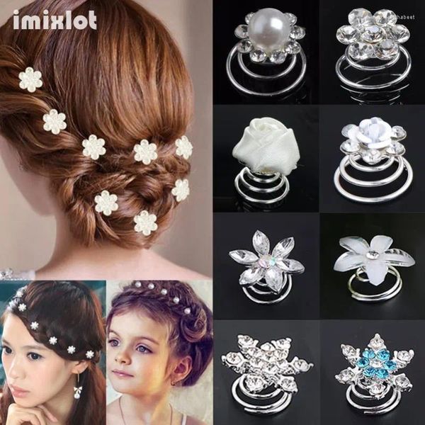 Saç klipsleri Imixlot 12pcs Gelin Kristal İnci Çiçek Spiral Twist Pin Düğün Takı Gelin Headdress Kadın Aksesuarları