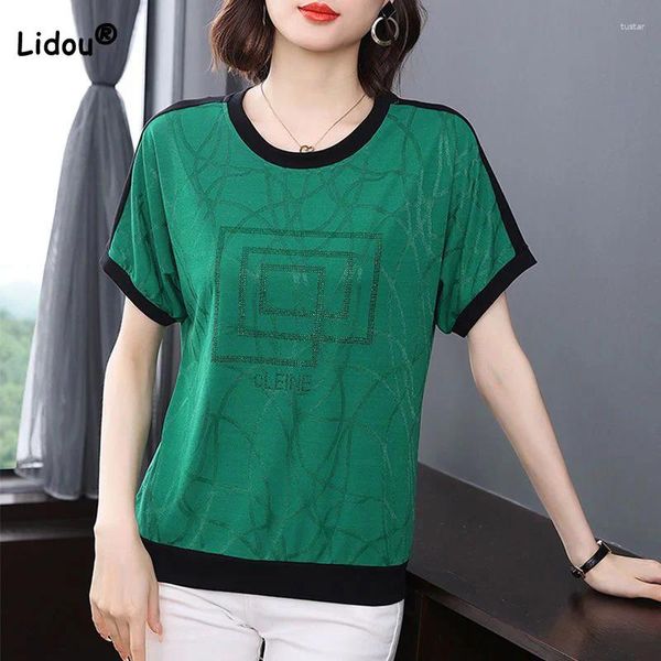 Magliette da donna semplicità o collo verde verde patchwork diamanti t-shirt t-shirt t-shirt in moda con stampa a colori vestiti estivi sciolti