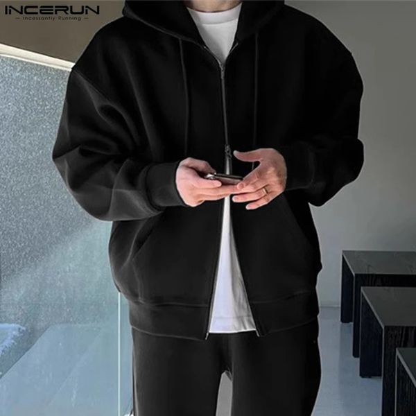 Men Hoodies Color Solid Zipper Capuz de manga longa bolsos de moletons de rua de rua casual cardigan s-5xl incerun 240426